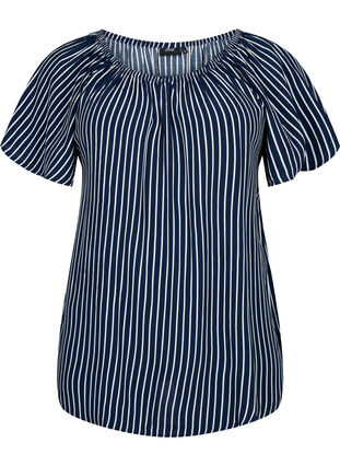 Gestreepte blouse van viscose met korte mouwen, Navy B./White Stripe, Packshot image number 0