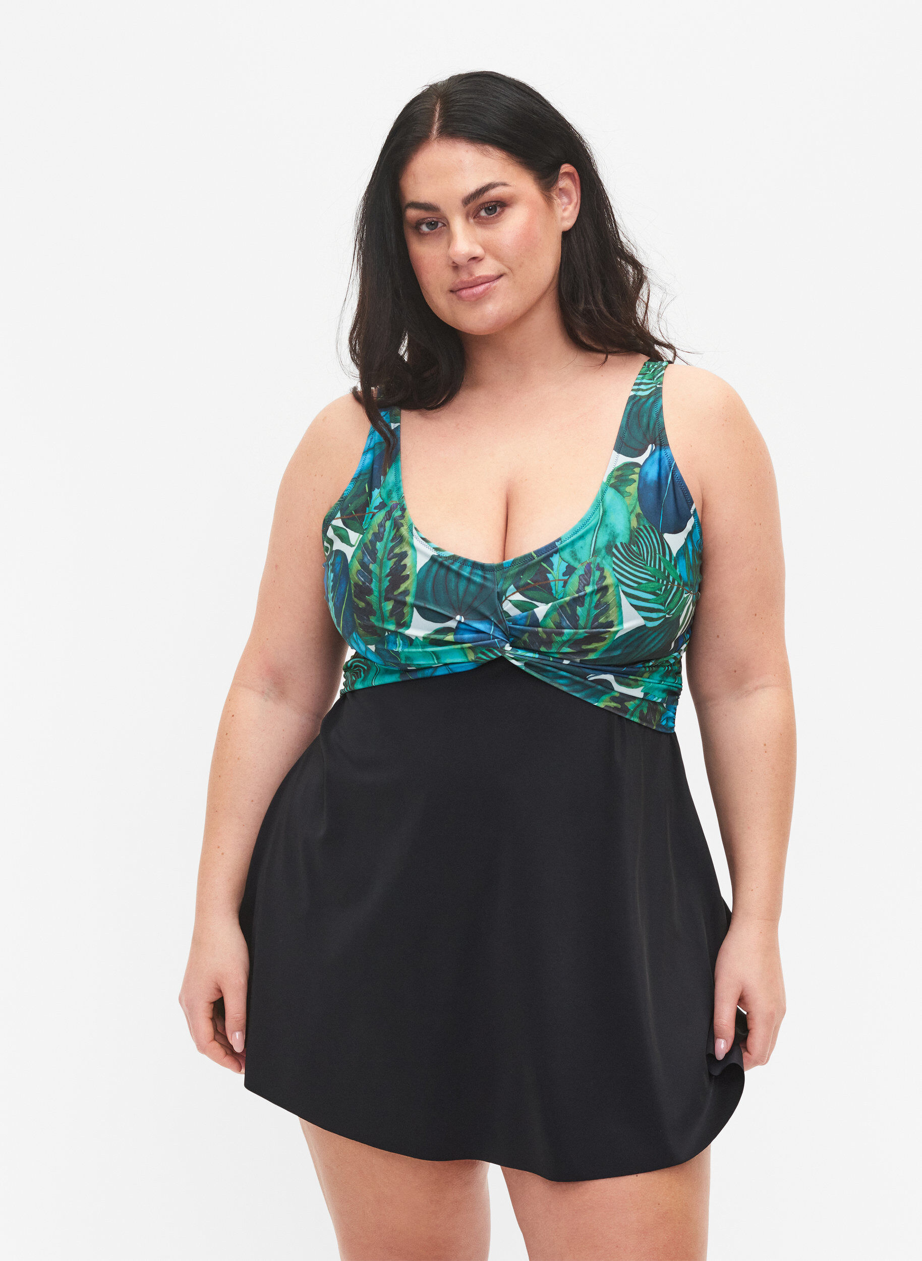 Zizzi Badpak met losse rok, Black Blue Leaf, Model image number 0