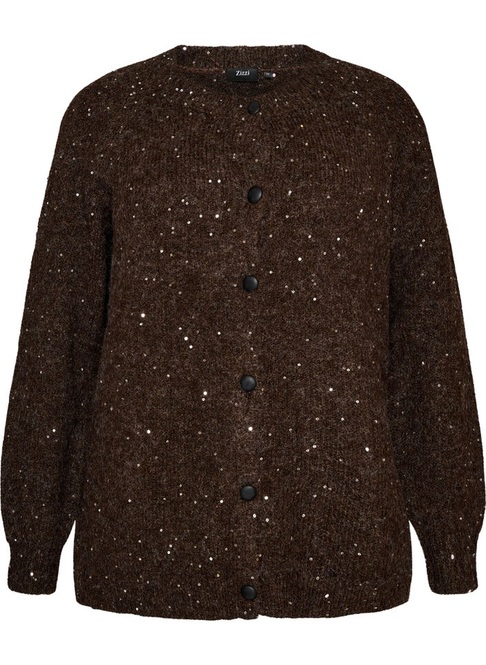 Cardigan met pailletten en knopen, Bruin, Packshot image number 0