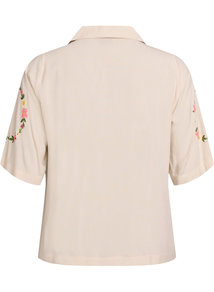 Viscose pyjamatop met striksluiting en bloemenprint, Beige, Packshot image number 1