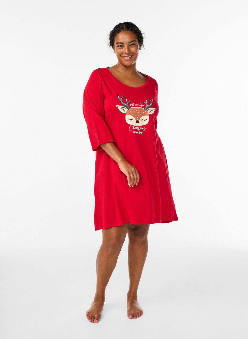 Nachthemd in biologisch katoen met kerstmotief, Rood, Model image number 1