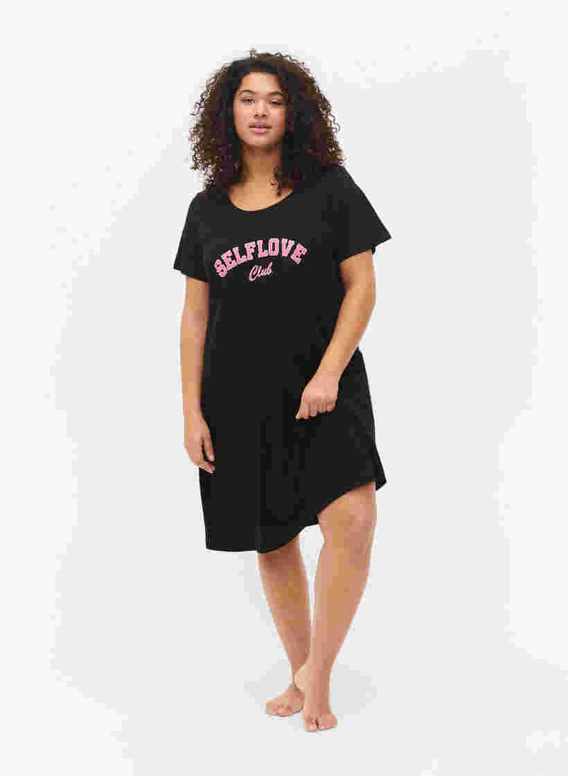 Katoenen nachthemd met korte mouwen, Black w. Self, Model image number 2