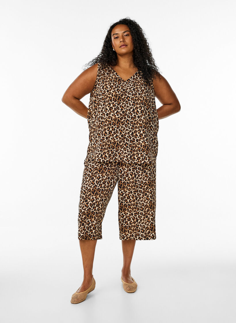 Top met print en V-hals, Groen, Model image number 1