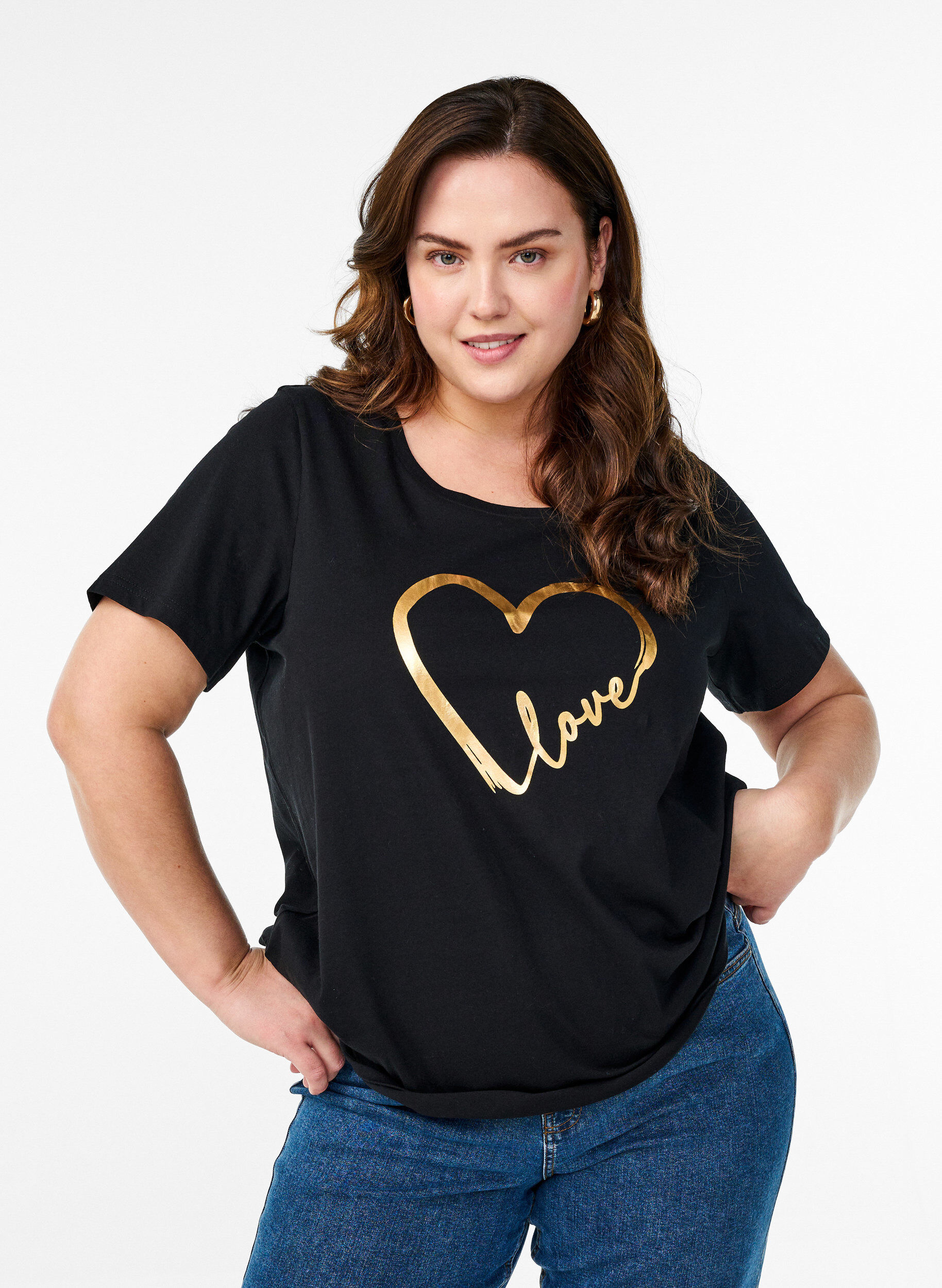 Zizzi Katoenen T-shirt met motief, Black w. Gold Love, Model image number 0