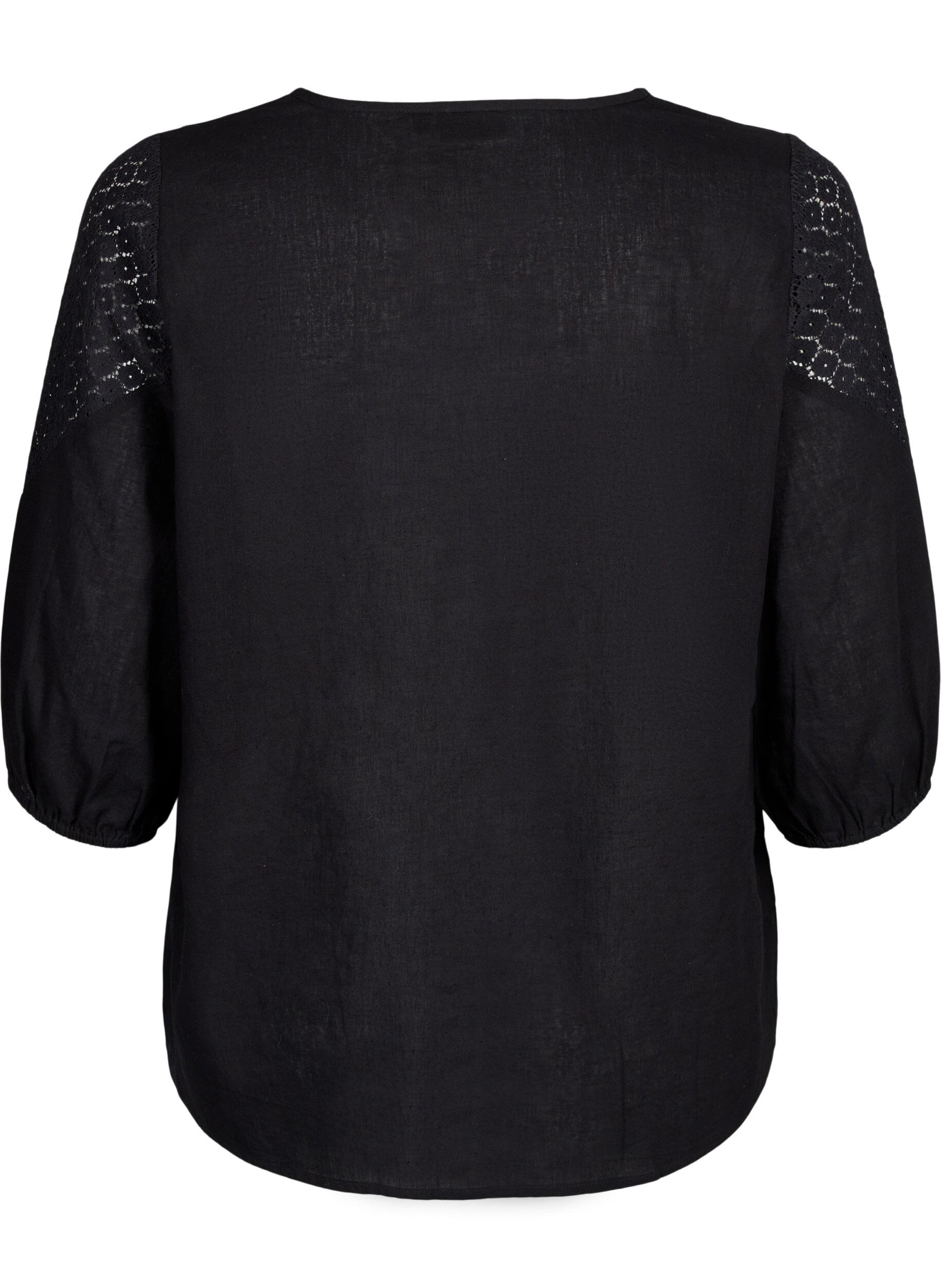 Zizzi Blouse van katoenmix met linnen en gehaakt detail, Black, Packshot image number 1