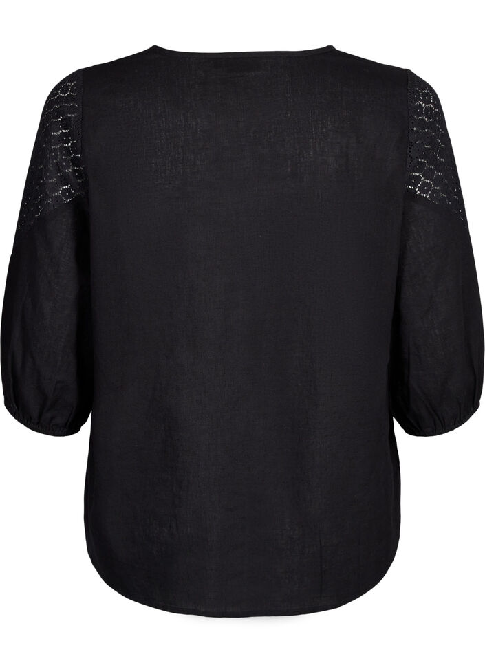 Blouse van katoenmix met linnen en gehaakt detail, Black, Packshot image number 1