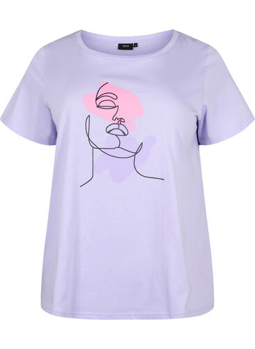 Katoenen t-shirt met ronde hals en opdruk, Lavender FACE, Packshot image number 0