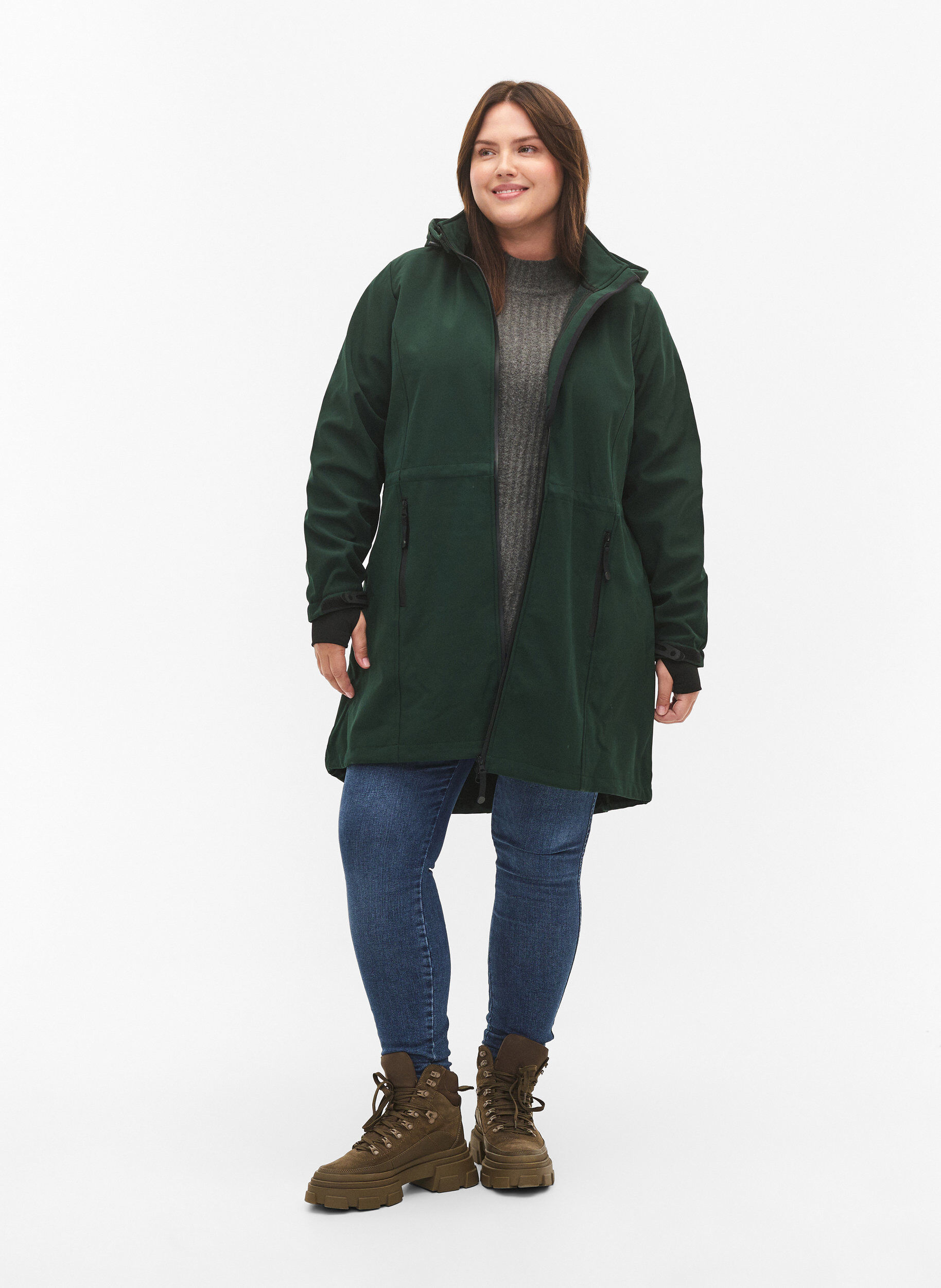 Zizzi Softshell jas met afneembare capuchon, Groen, Model image number 1