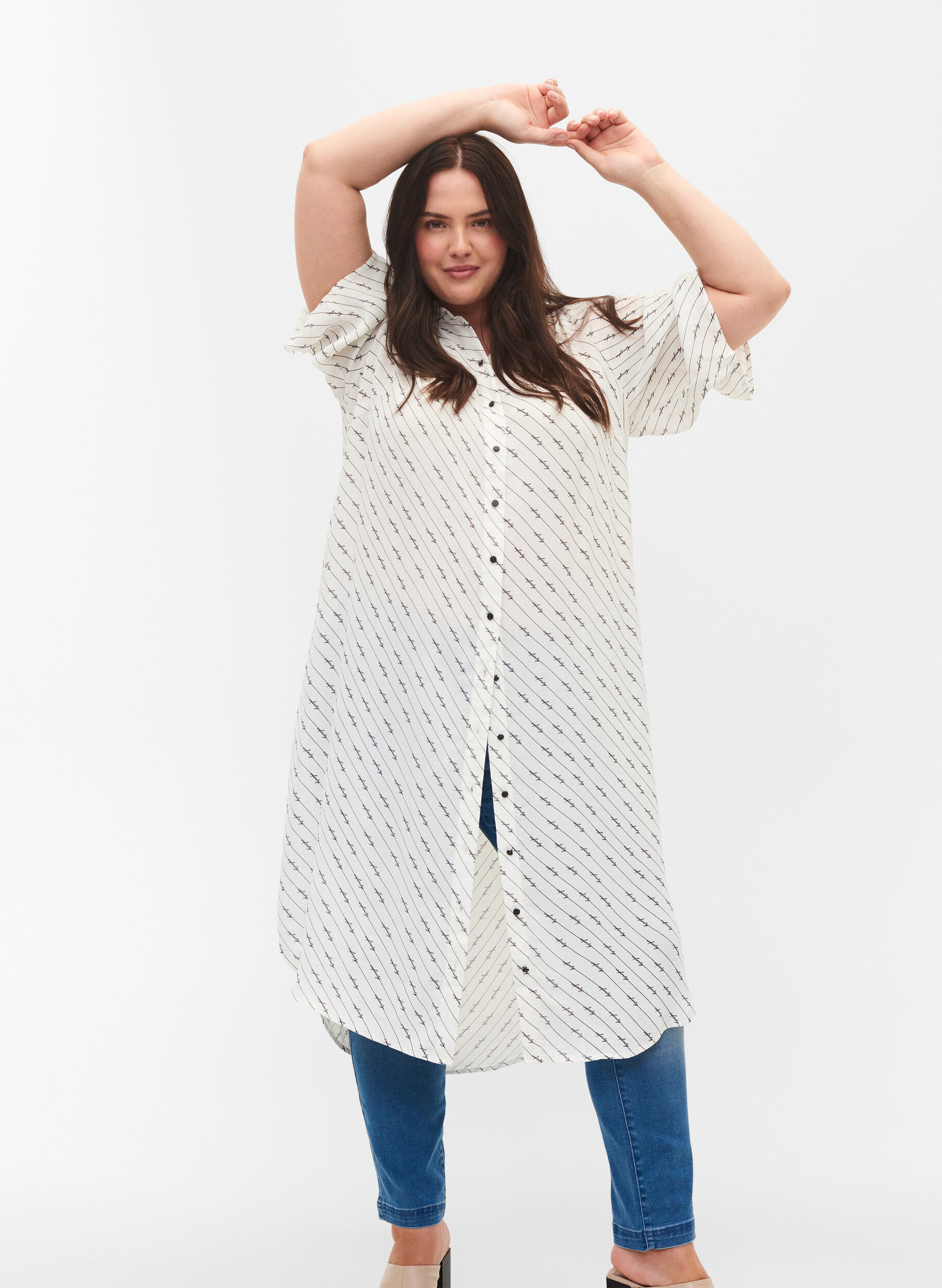 Zizzi Gestreepte overhemdjurk van viscose, White AOP, Model image number 0