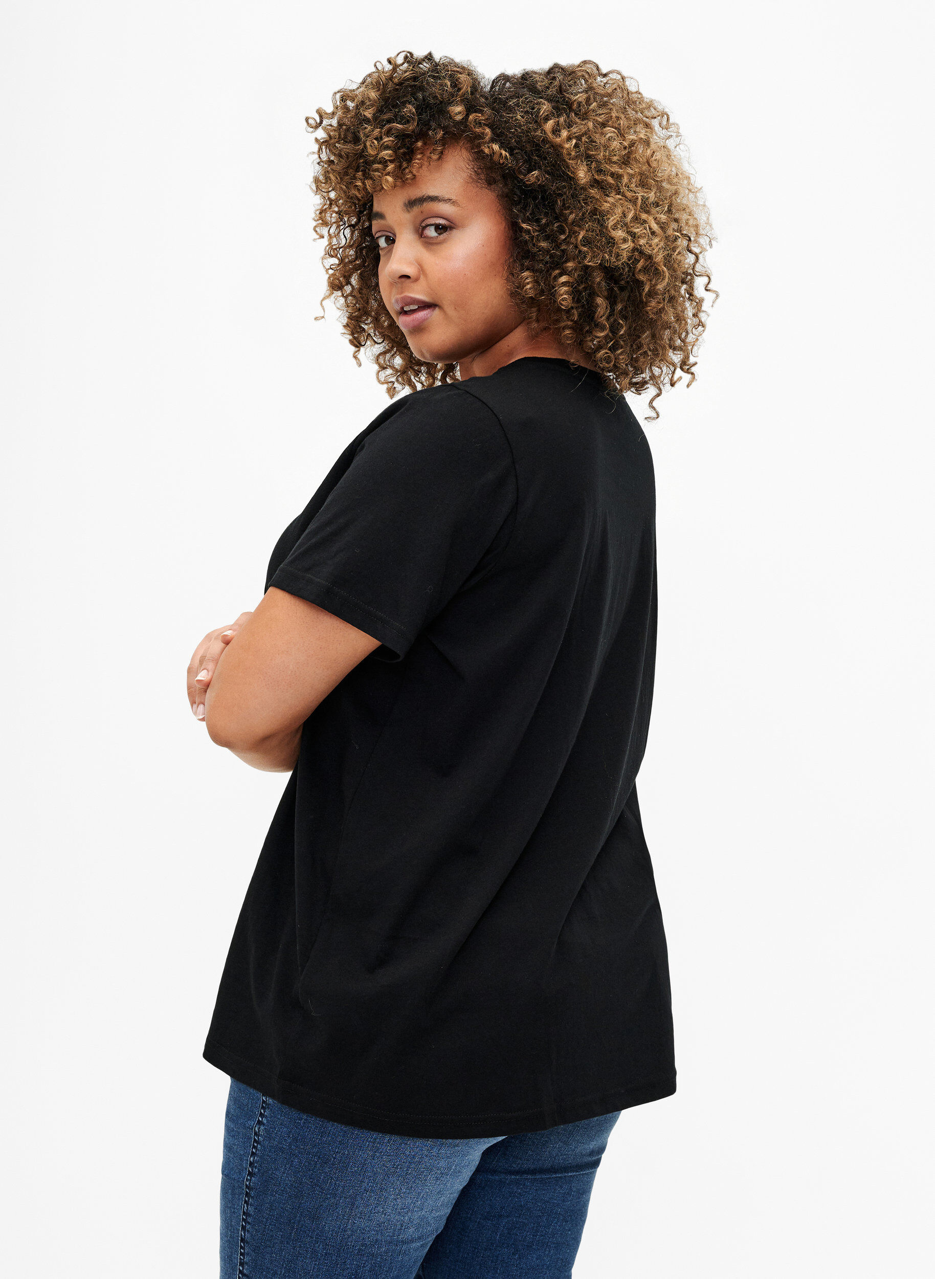 Zizzi Katoenen T-shirt met goudkleurige tekst, Black w. Gold Love, Model image number 1