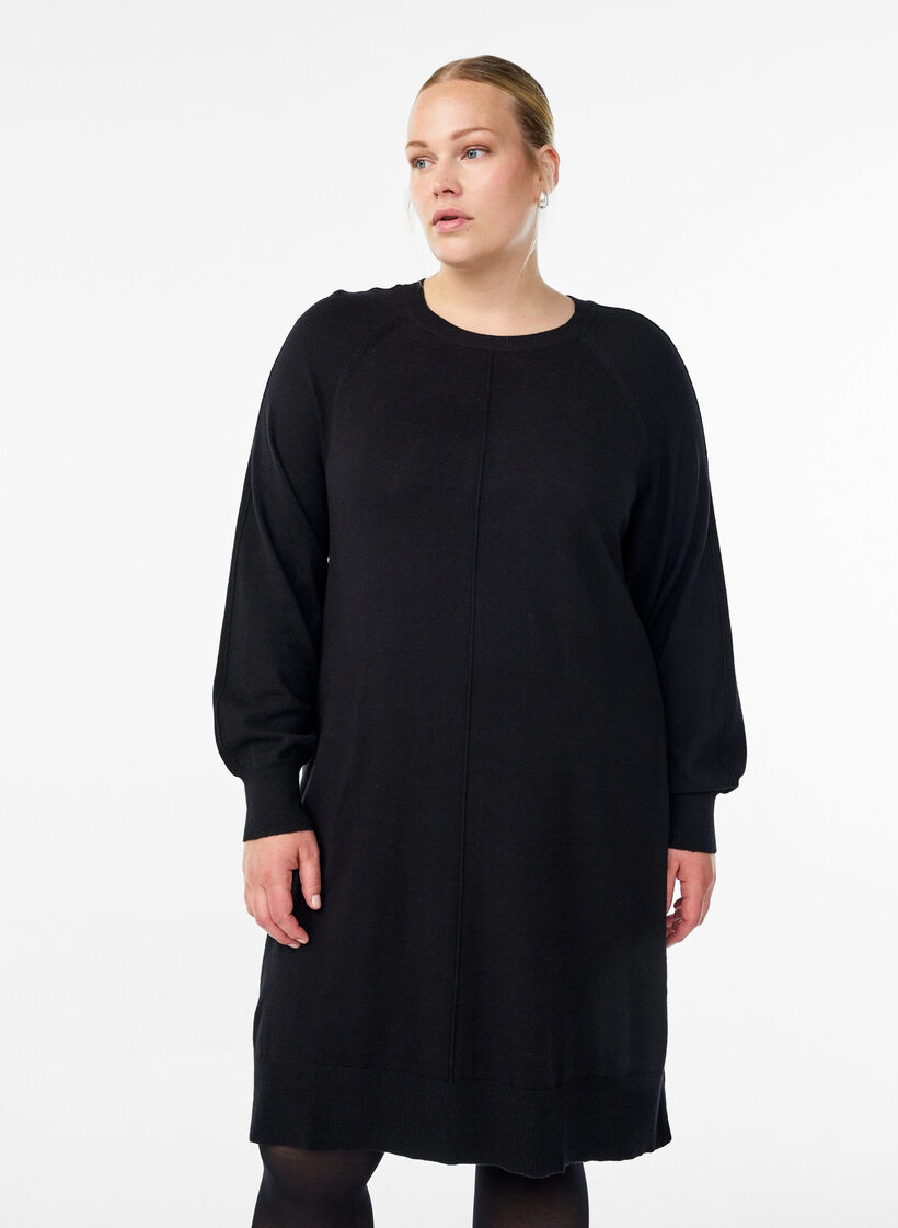 Korte gebreide jurk met raglanmouwen en een middennaad, Zwart, Model image number 0
