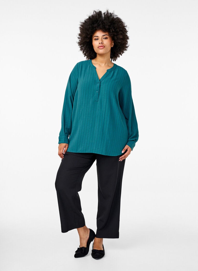 Streepjes overhemdblouse, Groen, Model image number 1
