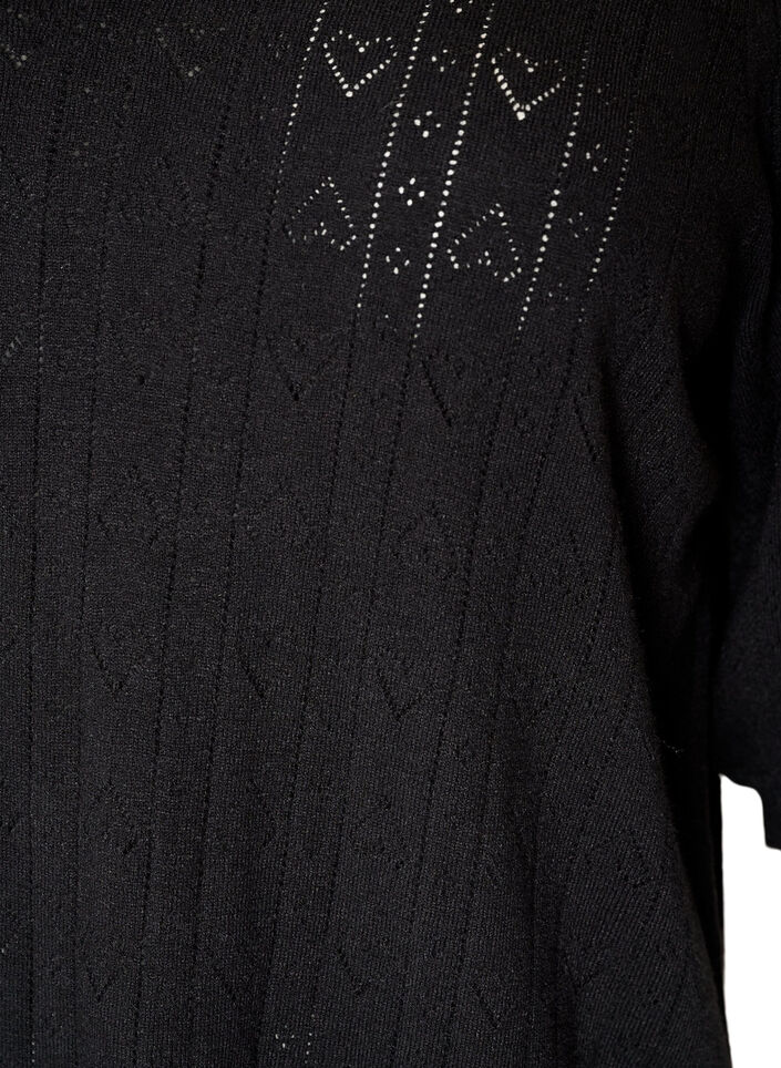 Gebreide blouse met korte mouwen en pointellepatroon, Zwart, Packshot image number 2
