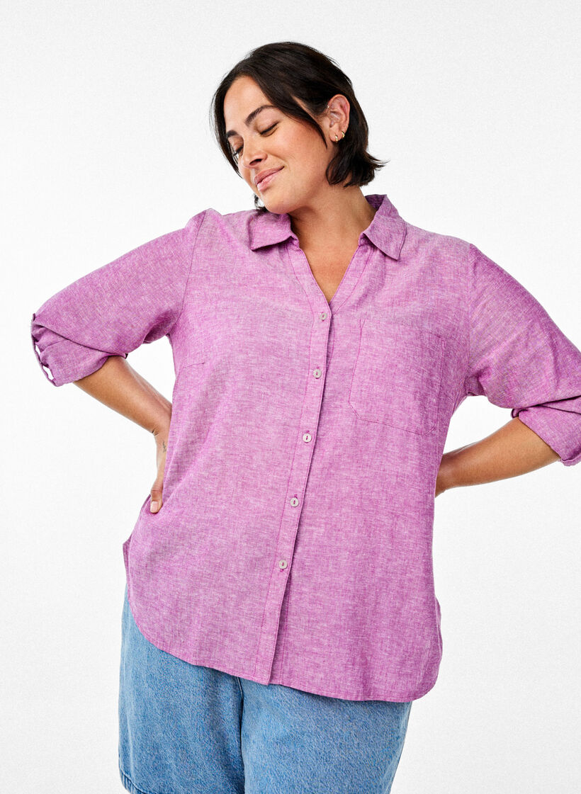 Linnen en viscose shirt met 3/4 mouwen, Paars, Image image number 0
