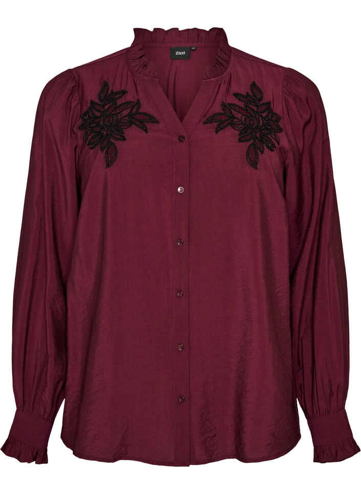 Shirtblouse met geborduurde bloemapplicaties, Rood, Packshot image number 0