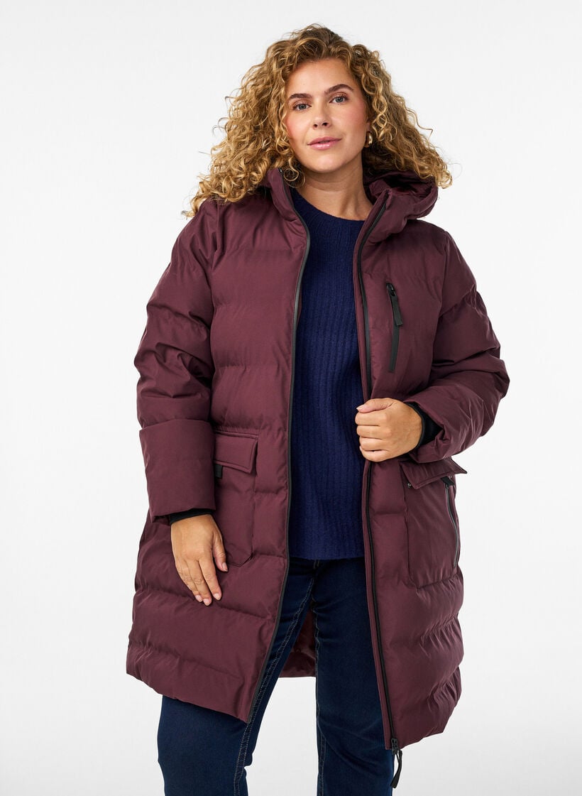 Pufferjas met capuchon en zakken, Donker Bordeaux, Model image number 0