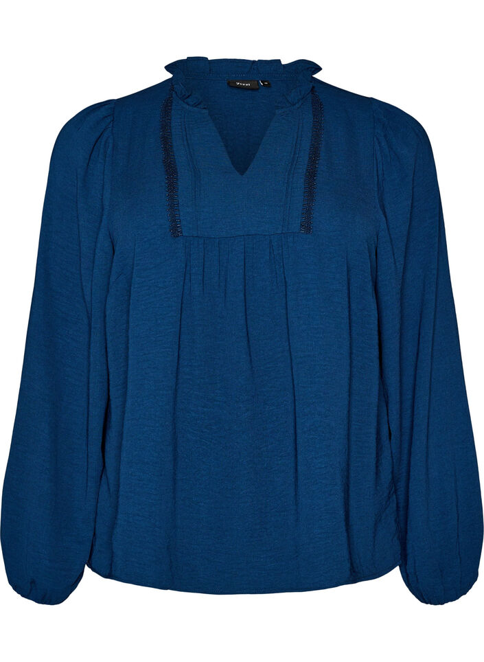 Blouse met V-hals en gehaakte sierband, Blauw, Packshot image number 0
