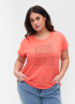 T-shirt met opdruk in biokatoen, Living Coral Text, Model image number 0