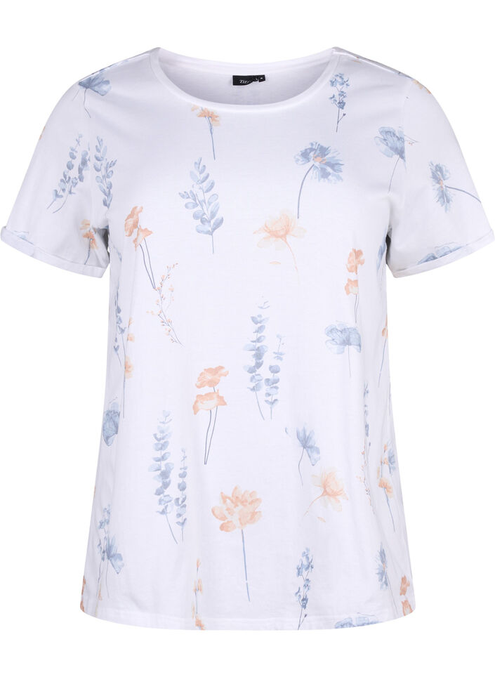 T-shirt van biologisch katoen met bloemenprint, White W. Blue flower, Packshot image number 0