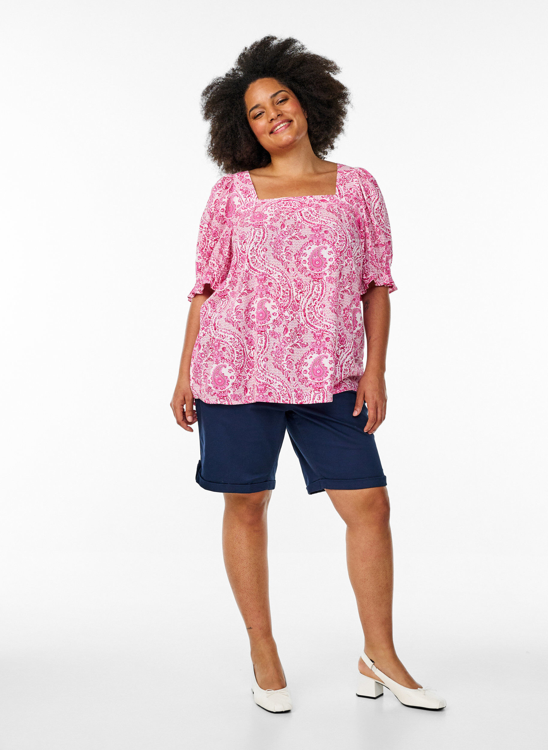 ZizziViscose blouse met paisleymotief en een vierkante halslijn, Roze, Model image number 1