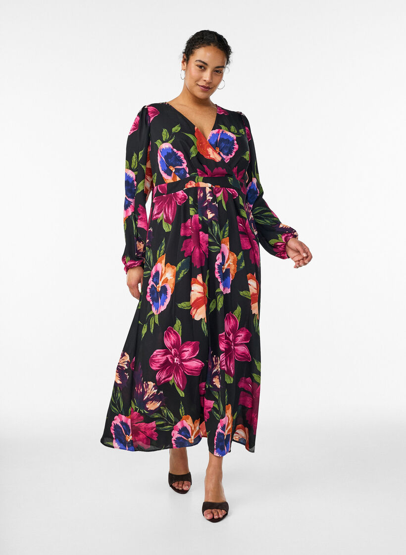 Maxijurk met overslaghals en lange mouwen, Zwart, Model image number 0