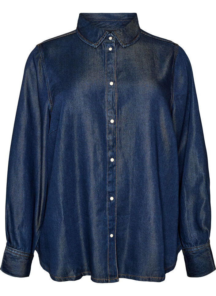 Denim blouse van lyocell met drukknopen, Blauw, Packshot image number 0