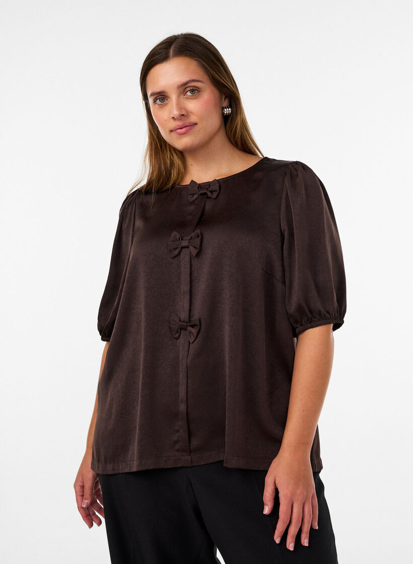 Satijnen blouse met strikjes en ellebooglange mouwen, Bruin, Model image number 0