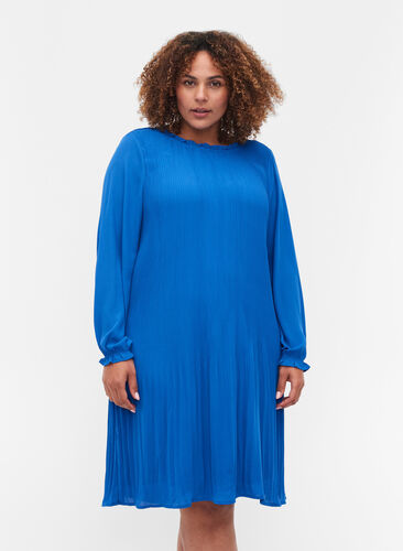 Plissé jurk met lange mouwen en ruches, Dazzling Blue, Model image number 0