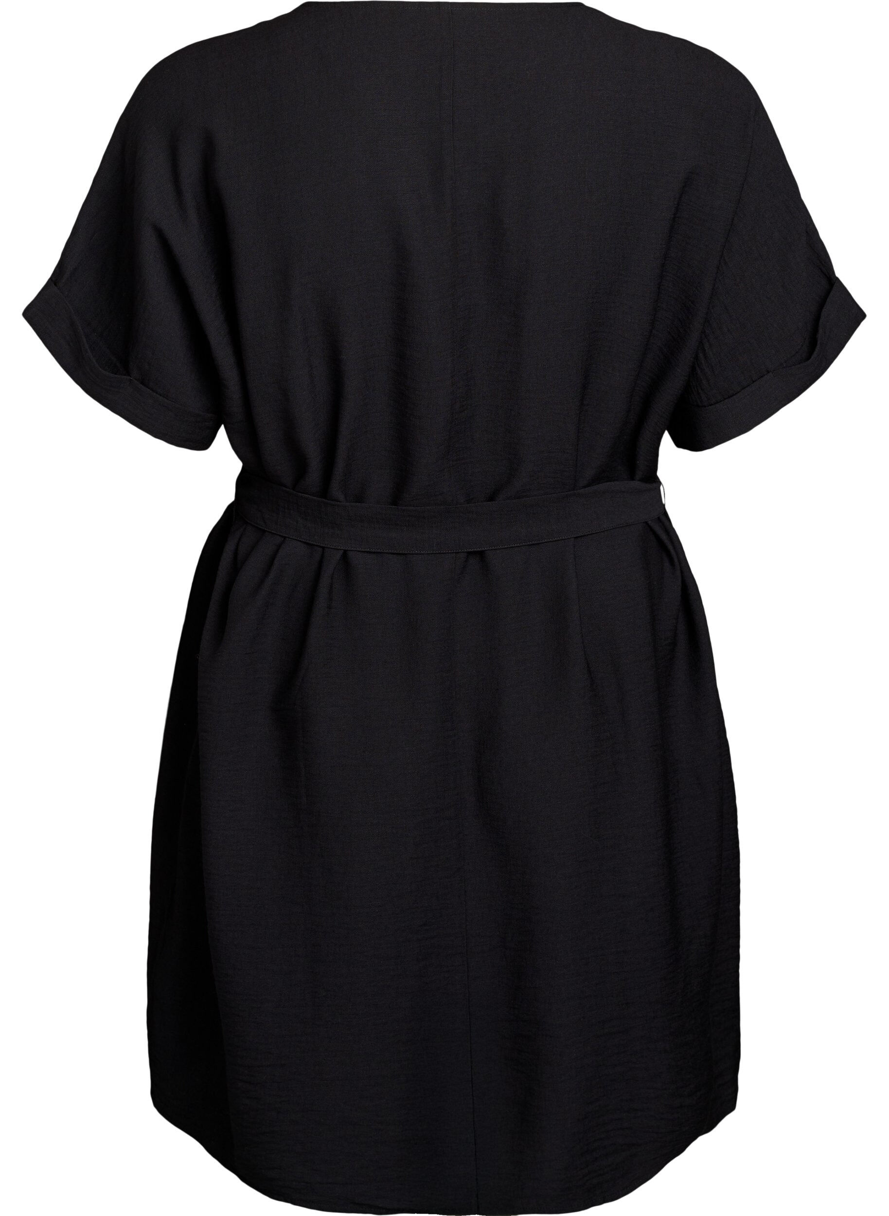 Zizzi Korte jurk met losse pasvorm en strikceintuur, Zwart, Packshot image number 1
