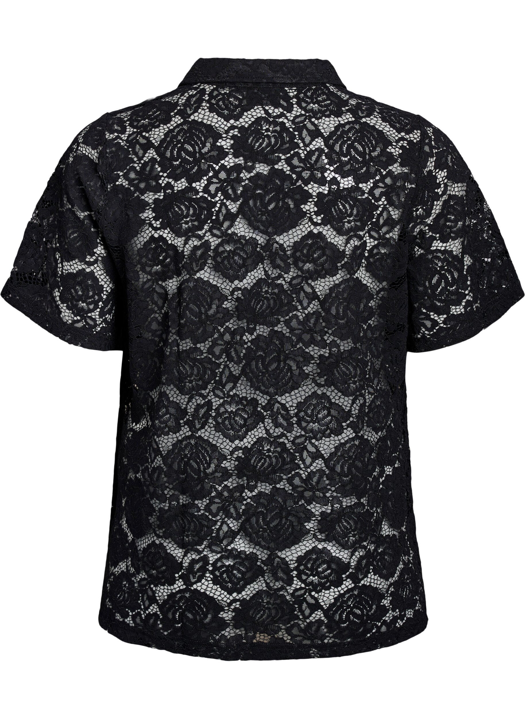 Zizzi Kanten blouse met een kraag en V-hals, Zwart, Packshot image number 1