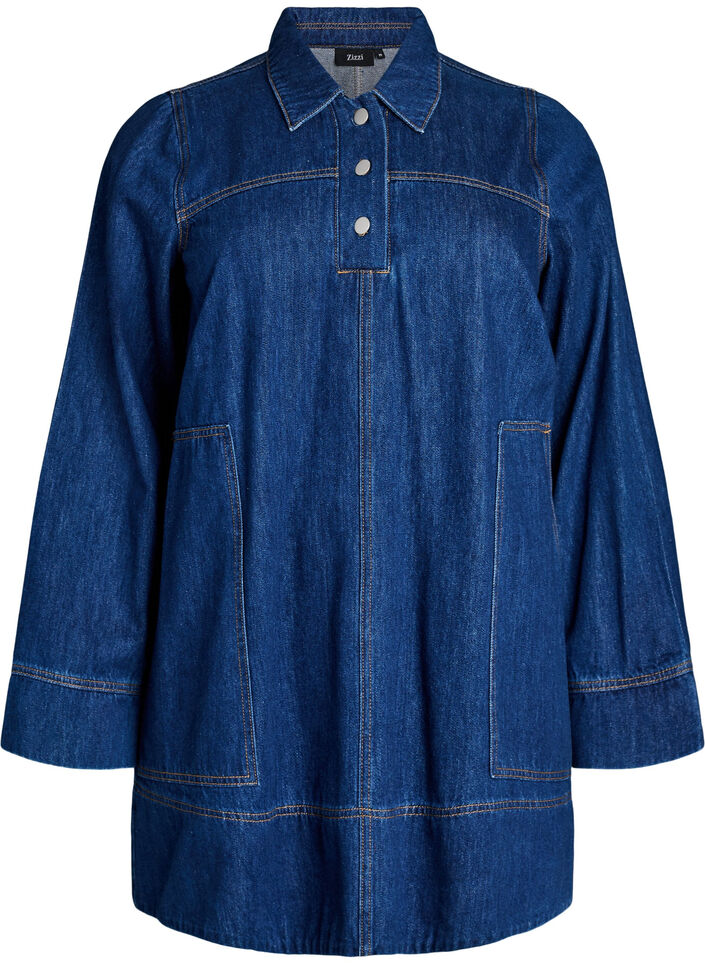 Korte denimjurk met kraag en knoopsluiting, Blauw, Packshot image number 0
