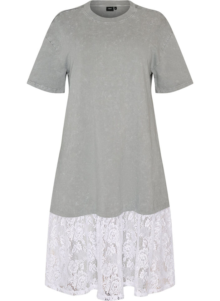 Losse T-shirt jurk met kanten afwerking, Grijs, Packshot image number 0