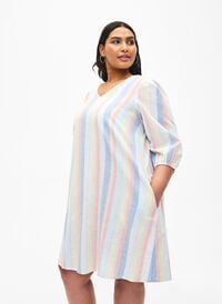 Korte jurk van katoenmix met linnen, Multi Color Stripe, Model
