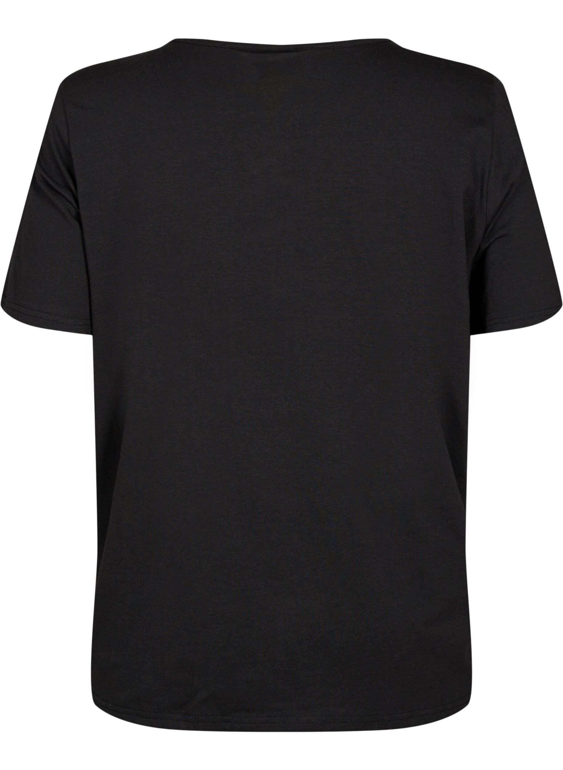 Zizzi T-shirt met v-hals en kruisdetail, Black, Packshot image number 1