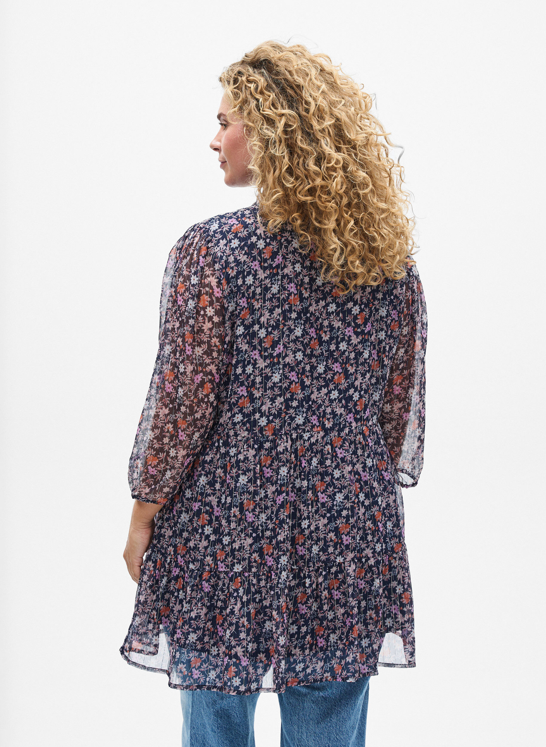 ZizziTunic met bloemenprint en glitterdraden, Blauw, Model image number 2