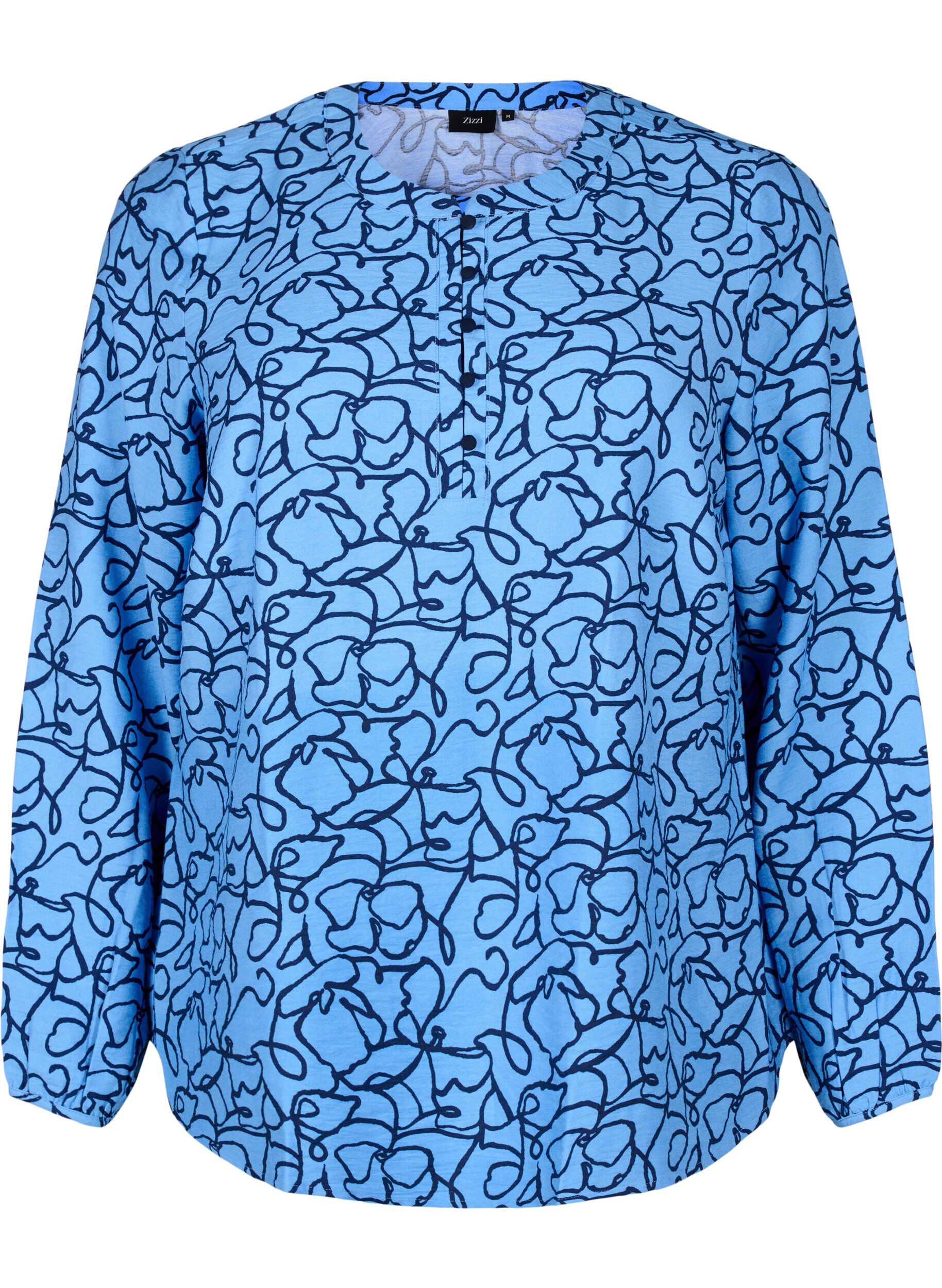 Zizzi Blouse met lange mouwen met patroon en knopen, Blauw, Packshot image number 0