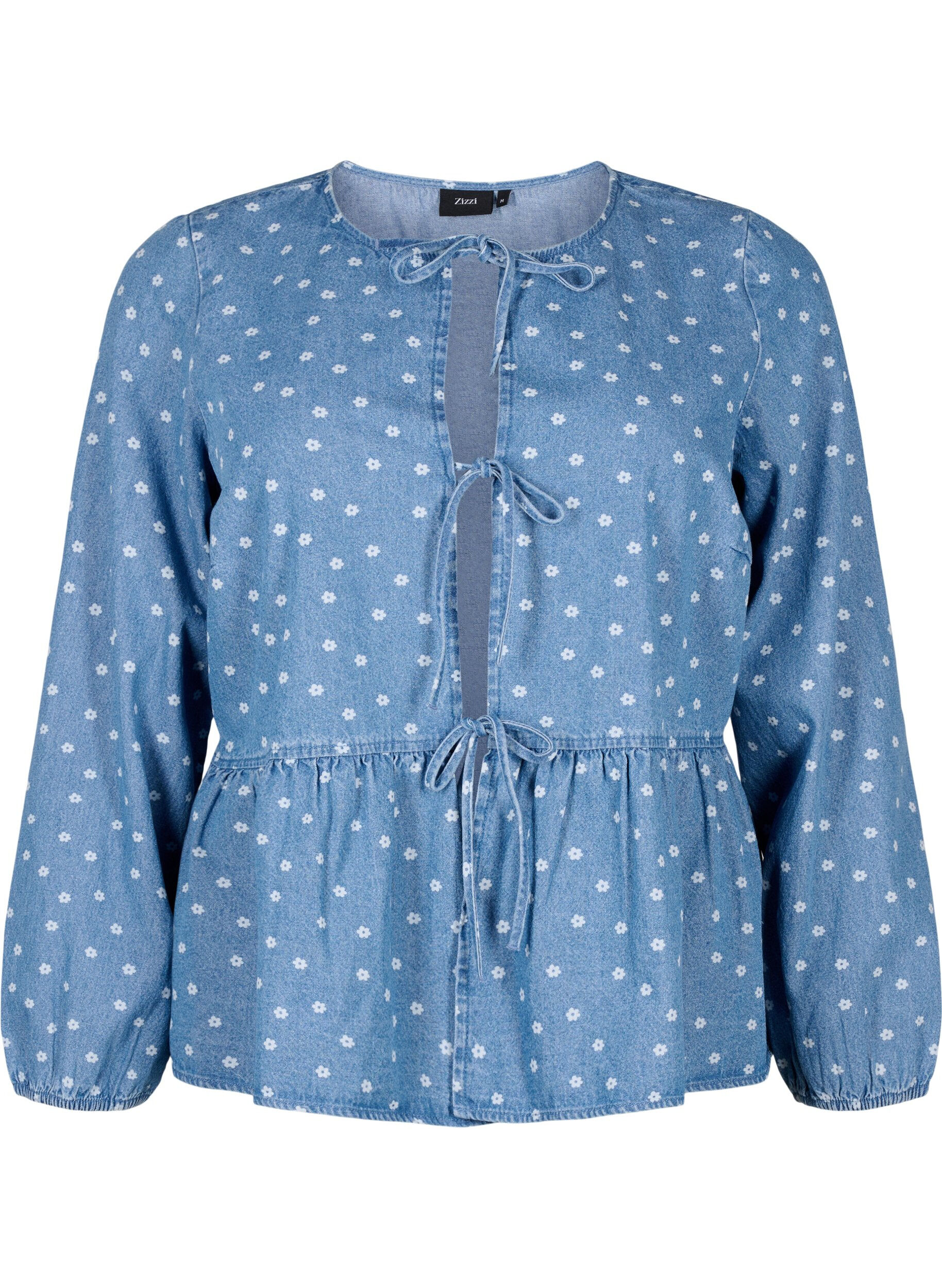 Zizzi Denim peplum blouse met striksluiting, Light Blue w.Flowers, Packshot image number 0