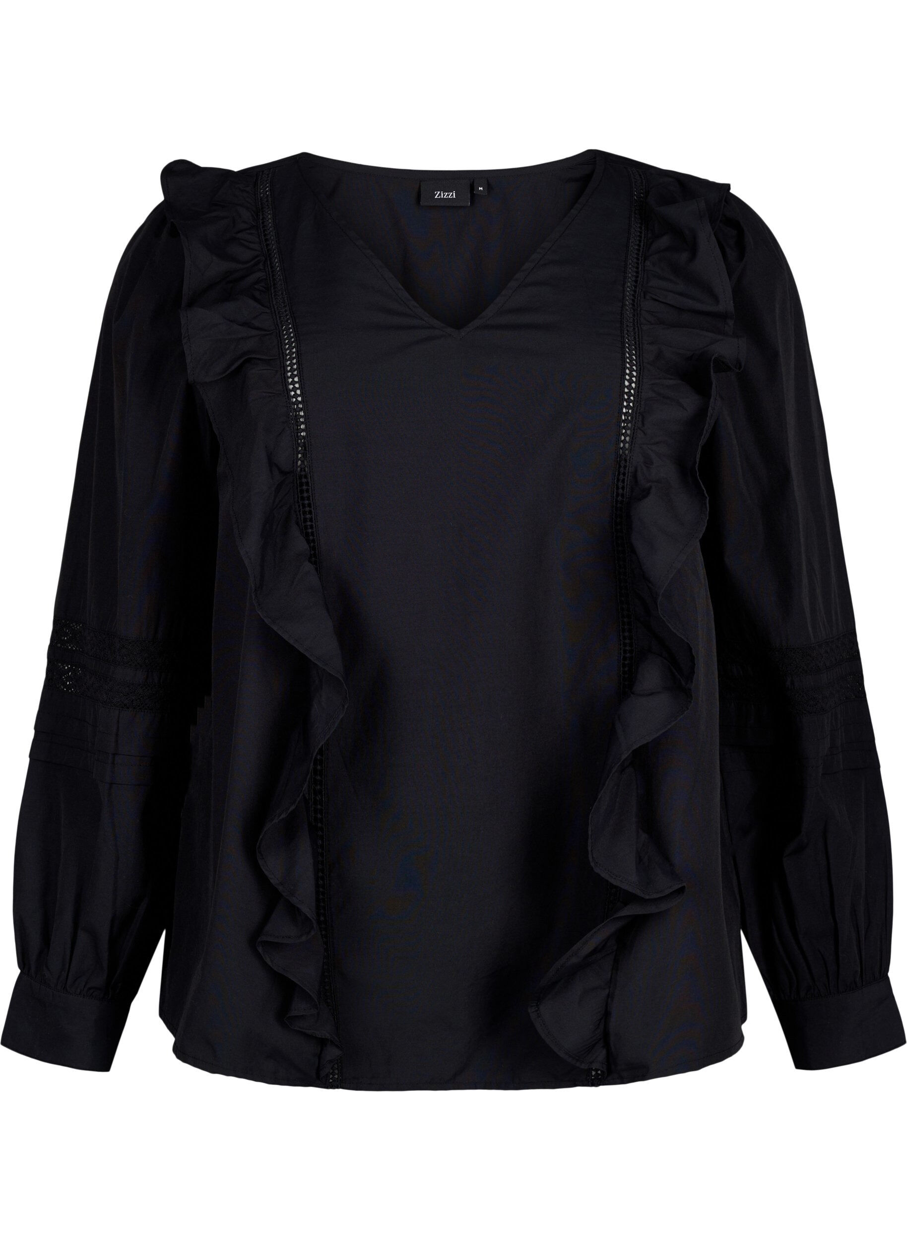 Zizzi Blouse met ruffels en veters, Zwart, Packshot image number 0