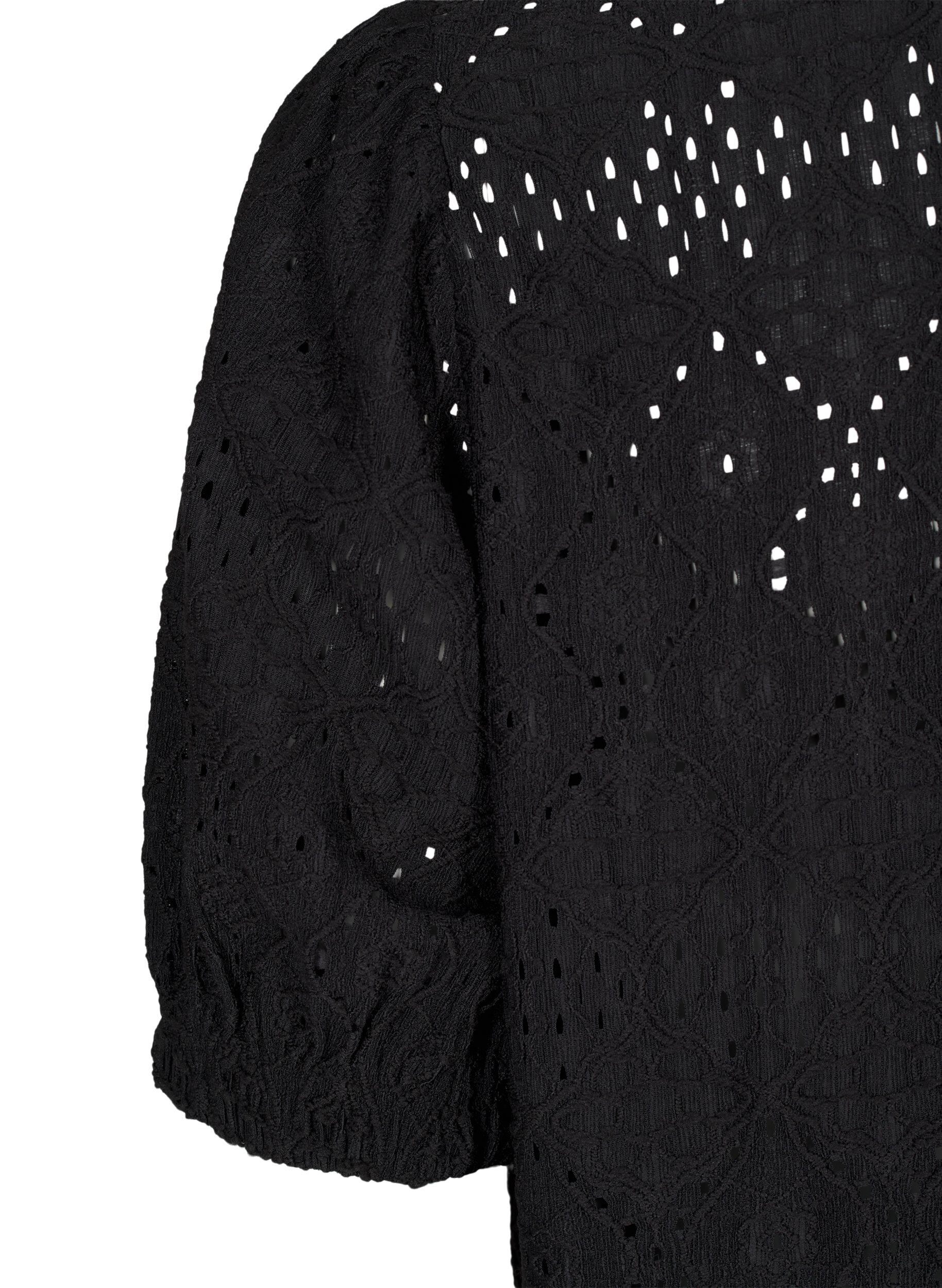 Zizzi Korte jurk met V-hals en gaatjespatroon, Black, Packshot image number 3