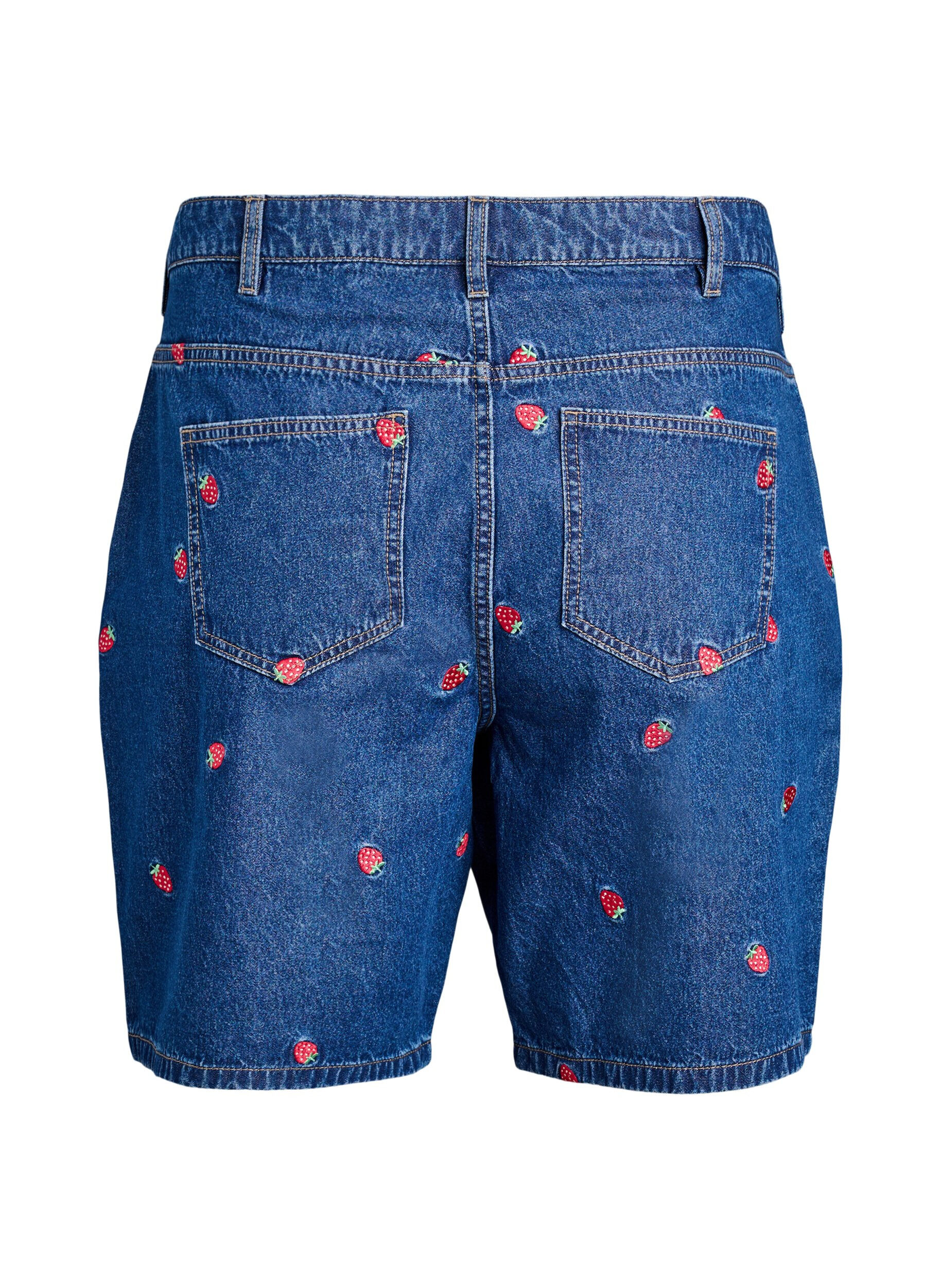 ZizziKorte spijkerbroek met geborduurde aardbeien, Blauw, Packshot image number 1