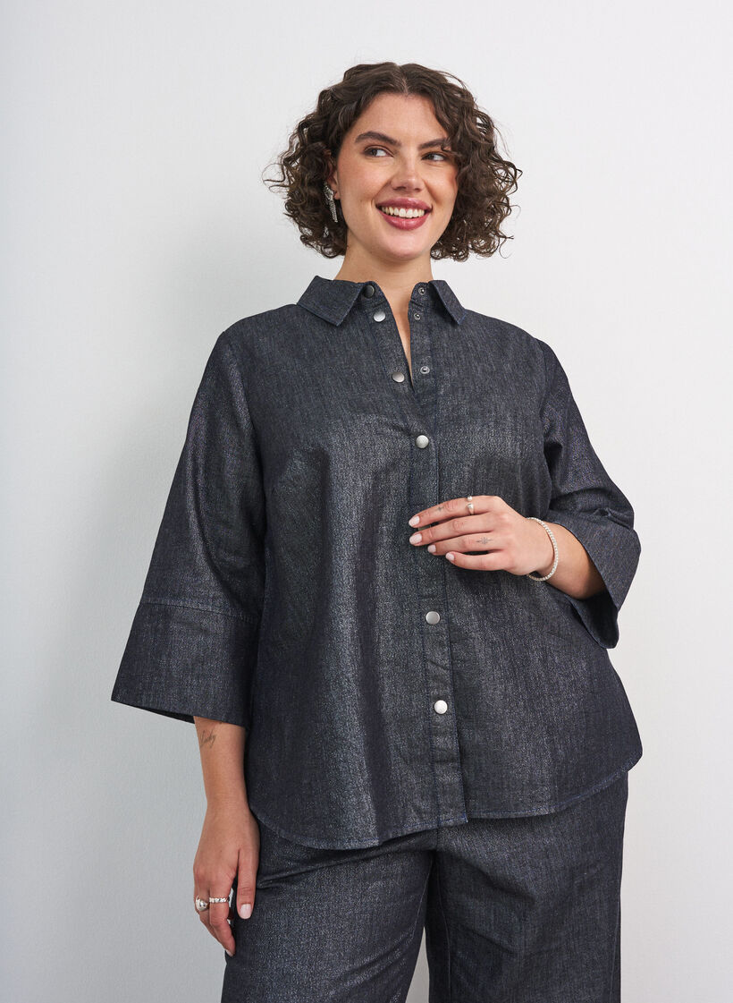 Denimshirt met glitterdraad en 3/4-mouwen, Grijs, Model image number 0