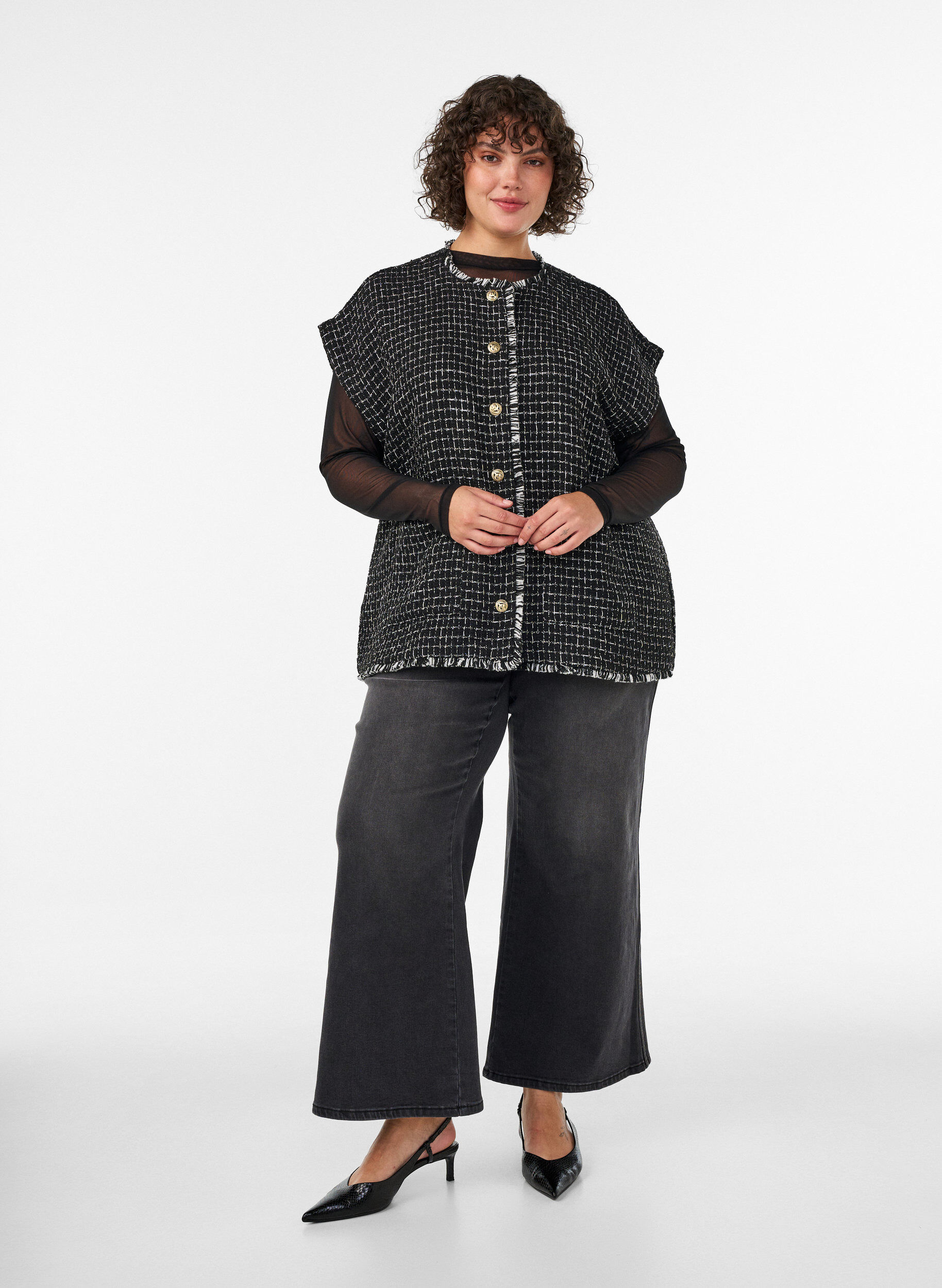 ZizziGeruite gilet met decoratieve knopen, Zwart, Model image number 1