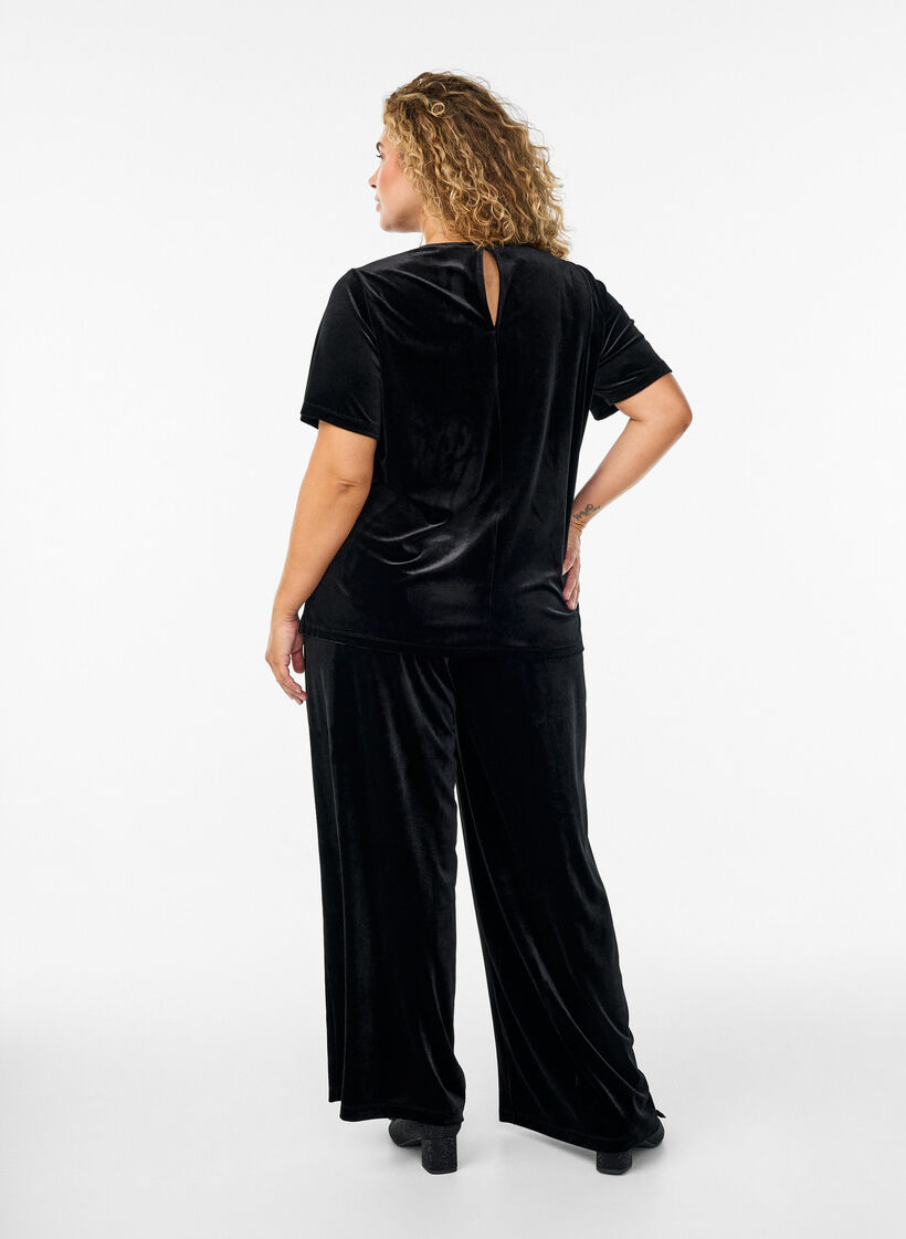 Veloursbroek met een high waist en wijde pijpen, Zwart, Model image number 1