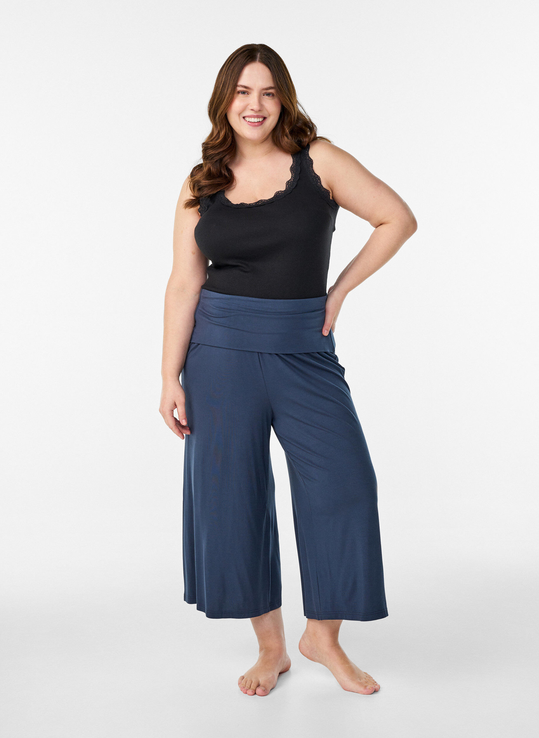 Zizzi Jersey culotte broek met hoge taille, Blauw, Model image number 0