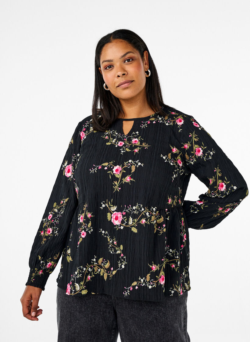Blouse met lange mouwen en bloemenprint, Zwart, Model image number 0