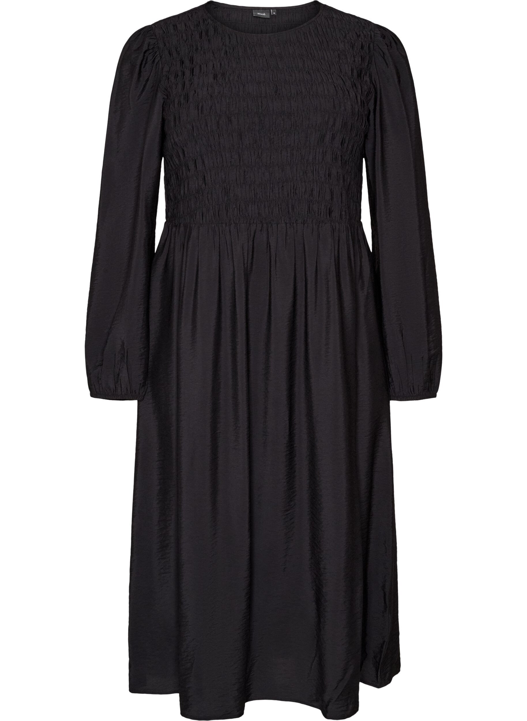 ZizziMidi-jurk van viscose met smockwerk, Zwart, Packshot image number 0