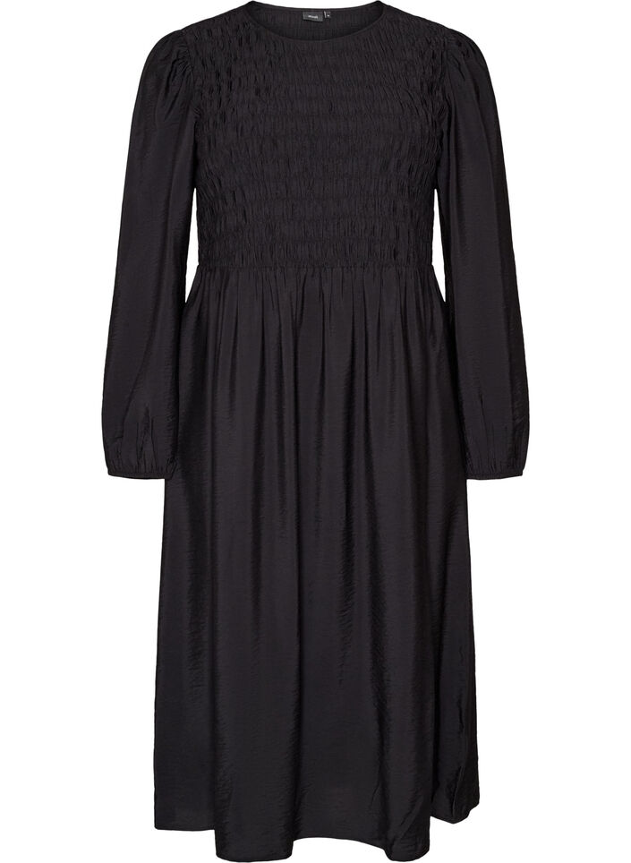 Midi-jurk van viscose met smockwerk, Zwart, Packshot image number 0