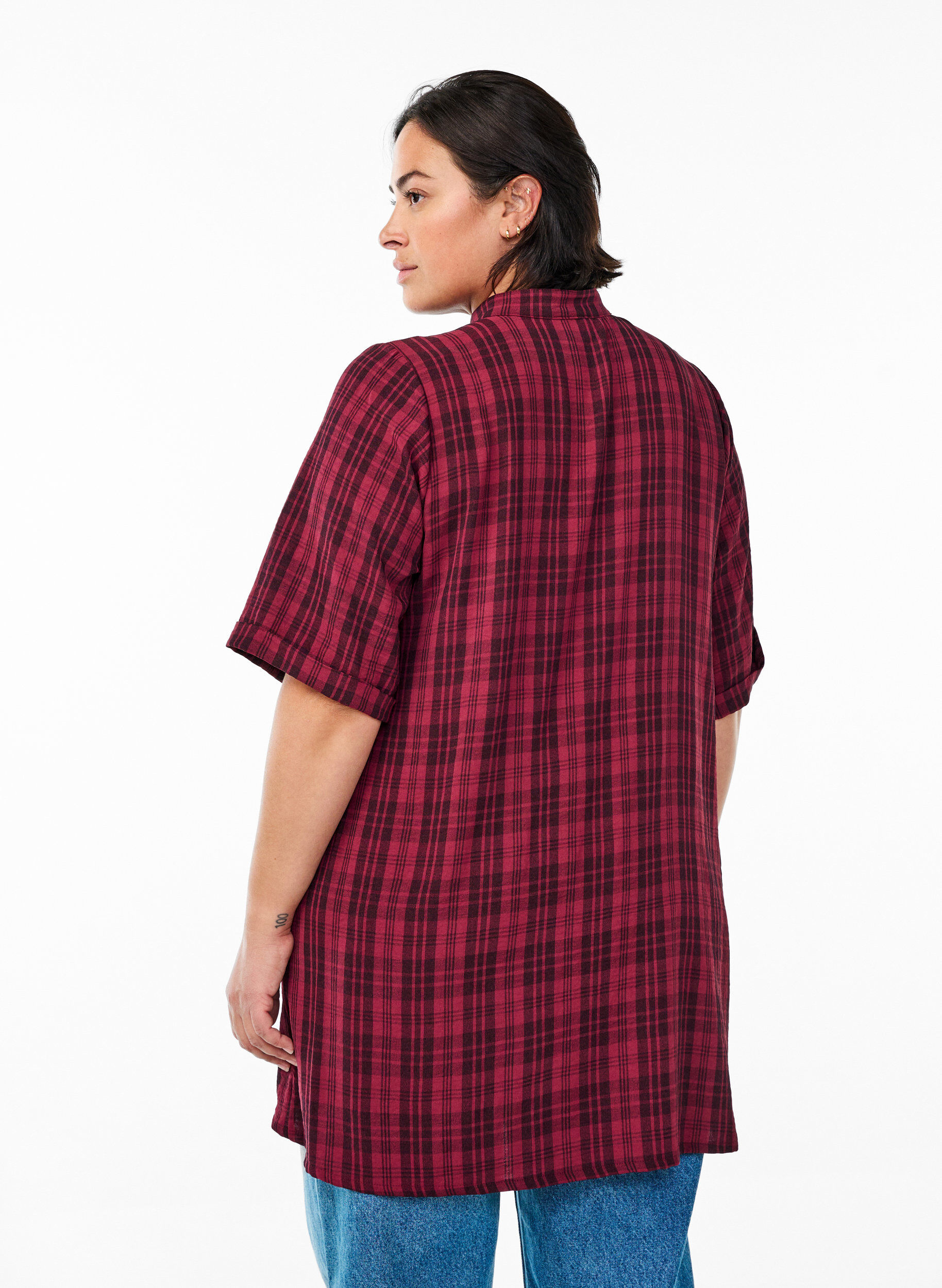 Zizzi Tuniek met korte mouwen en ruitpatroon, Donker Bordeaux, Model image number 2