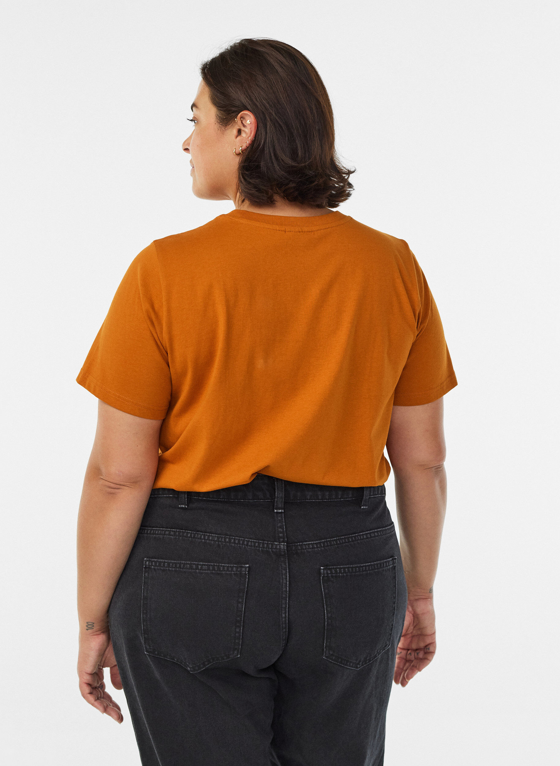 Zizzi Basic katoenen T-shirt met ronde hals, Oranje, Model image number 2