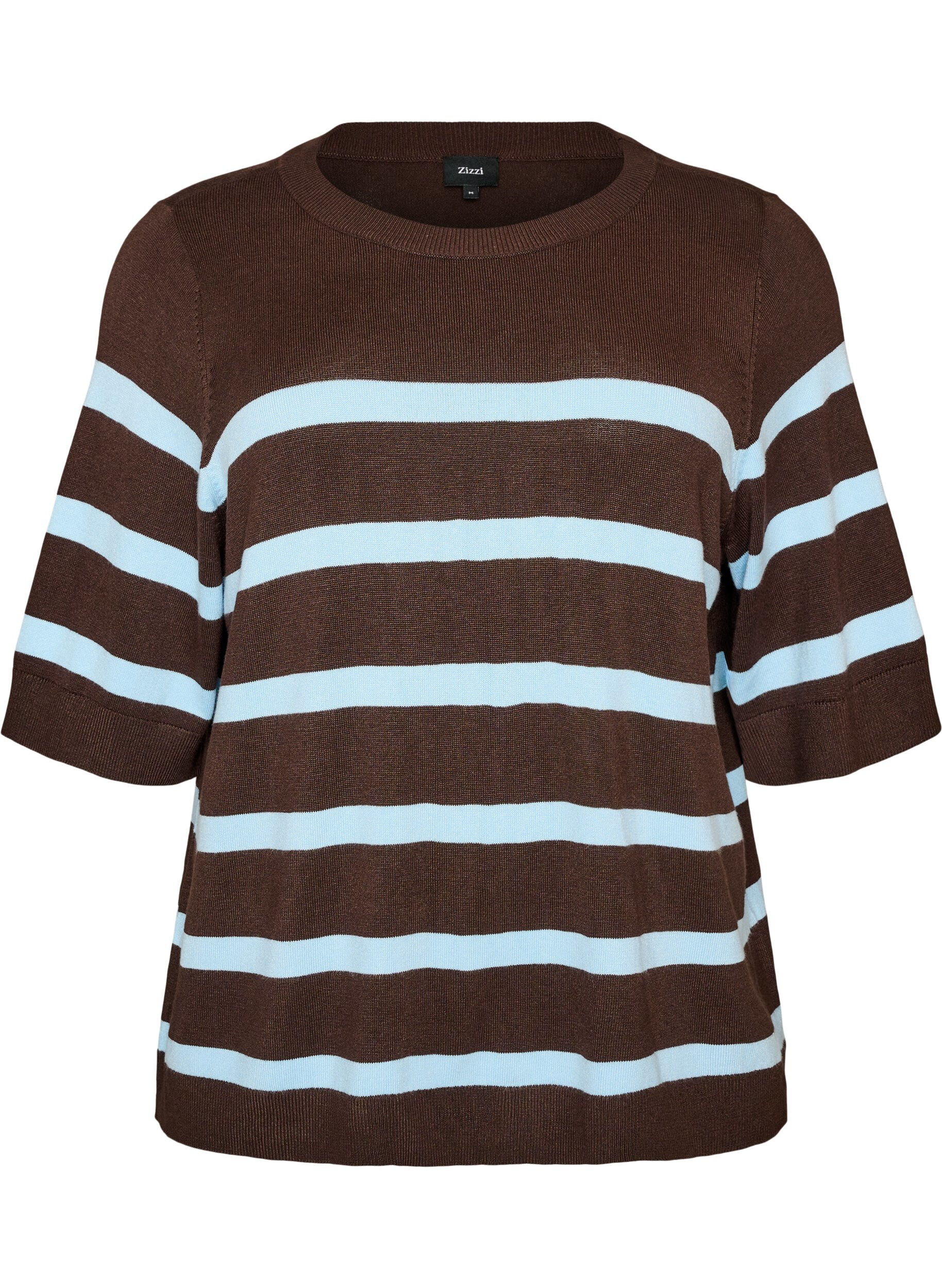 ZizziGestreepte top met korte mouwen in breisel, Bruin, Packshot image number 0
